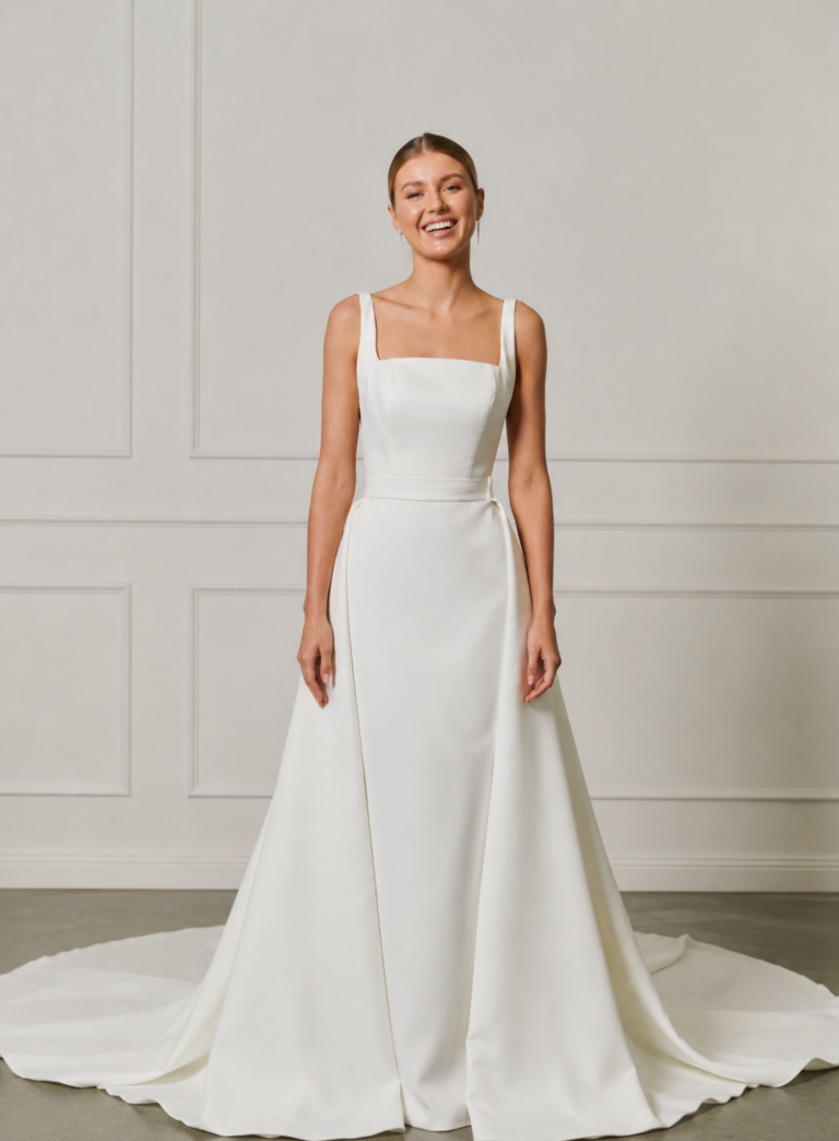 Cleanes und edles Fit and Flare brautkleid mit geradem Ausschnitt und abnehmbarer Schleppe